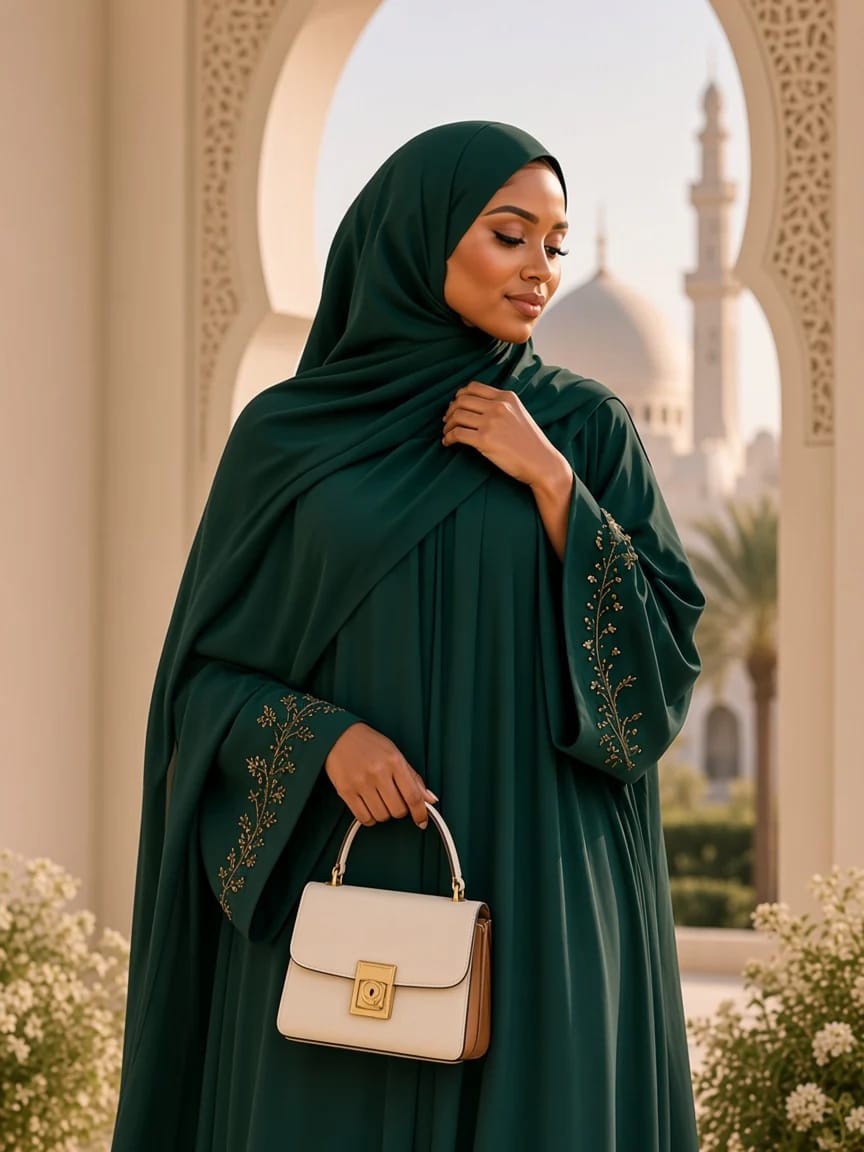 A woman in an embroidered emerald abaya and matching hijab, holding an ivory handbag, in a sunlit courtyard of carved ivory arches